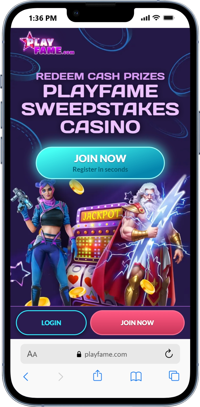 PlayFame - sweepstakes casino site - homepage on mobile